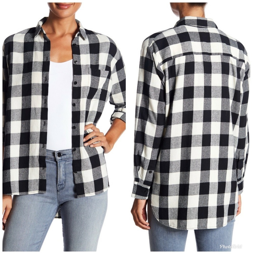 Madewell Oversized Flannel Shirt Black White Buffalo Plaid Cozy Chic Women's M
